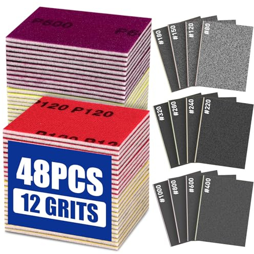 48Pcs Sanding Sponge Set, 80-1000 Grit Fine Sanding Sponges Pads, Washable Sandpaper Assortment for Wood, Drywall, Metal, Auto, Wet Dry Sandpaper for Versatile Smoothing.