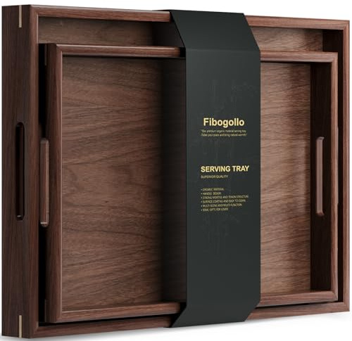 Fibogollo Set of 2 Walnut Wood Serving Tray with Handles,Decorative Trays Platter,Breakfast Tray in Bed,Large Coffee Table Tray，Food Drinks Trays for eating,Working,Storing