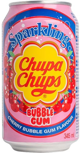 Chupa Chups Sparkling Bubble Gum Cherry Drink, prickelnde Kirsch-Kaugummi Limonade, 24 Dosen mit Pfand, 24 x 345 ml