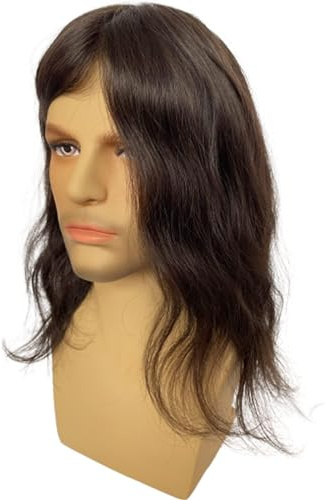 Kikzok Dreambeauty 12inch Long Human Hair Toupee for Men 10x8inch Thin Skin Full PU Base Men's Hairpiece Replacement System for Men Women (#2 Darker Brown Color)