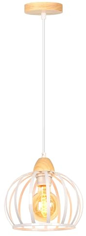 iDEGU Lámpara Colgante Vintage 20cm Lámpara de Techo en Madera y Metal Moderna Iluminación E27 Industrial Diseño Jaula Luz Colgante Retro para Dormitorio Salón Comedor Cocina Pasillo (Blanco)