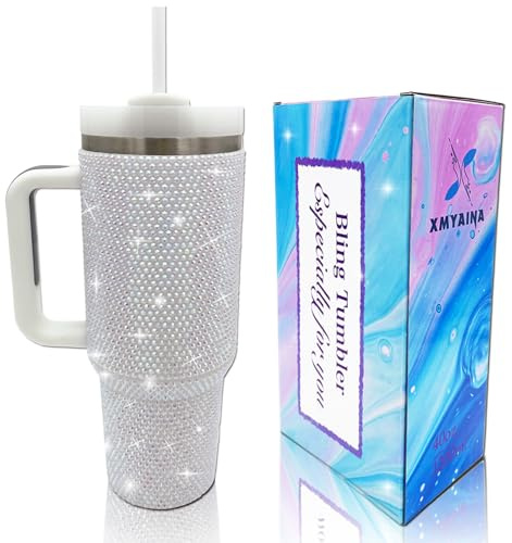 XMYAINA 40oz Bling Tumbler with Handle and Straw Lid Rhinestone Studded Tumbler Cups Vacuum Insulated Stainless Steel Double Wall Water Bottle Travel Mug Gifts for Women Her (Pearl White)