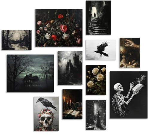 Dazzlewall Dark Academia Wall Decor Póster Creepy Póster de lienzo para Moody Halloween Dormitorio Decoración Gótica Sin Marco Set de 12