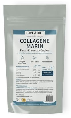 Collagène Marin +Zinc et Biotine, B5, B6 - Souplesse Peau et Cheveux - Cure de 1 Mois - 60 gélules végétales - Made in France - Love&Diet