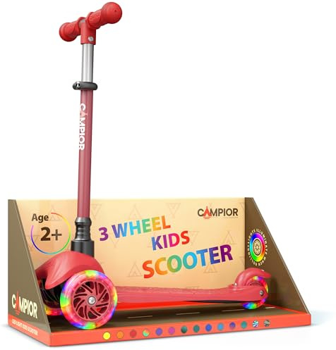 Red Mini 3 Wheel Scooter for Kids β Lean-to-Steer with LED Light-Up Wheels, Adjustable Handlebar, Wide Anti-Slip Deck, Smooth PU Wheels, Rear Foot Brake β Toddler Scooter for Ages 2+