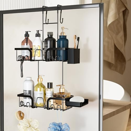 ANTREATU Shower Caddy Hanging - No Drilling over Door Shower Shelf with Soap Dish ＆ Toothbrush Holder, 2 Tier Rustproof Bathroom Caddy for Razor, Towel＆ Shampoo (Black)