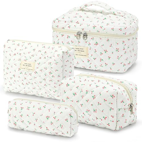 Kosmetiktasche Set Kulturtasche Damen mit Blumen, Baumwolle Make Up Tasche Bag, Tragbare Schminktasche Kulturbeutel Reise Zuhause, Cosmetic Bag Frauen Mädchen, Aesthetic Stuff Clean Girl