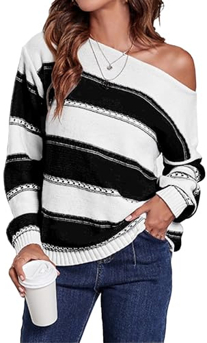 Koerye Jersey Punto Mujer Invierno Punto Cuello Redondo Suéter Mujer Rayas de Costura en Forma Jersey Casual Oversize Manga Larga Cálido Sweater Negro,M