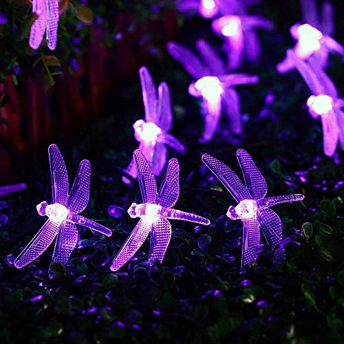 Luci Stringa Libellula Solare,KINGCOO Impermeabile 20ft 30LED 8 Modalità Catene Luminosa Solare Decorativo Luci a Corda per Casa Terrazza Giardino Festa Nozze Natale (Viola)