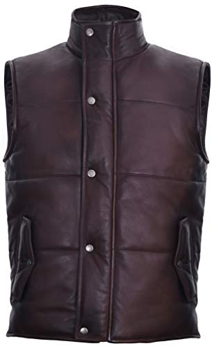 Men's Brown Leather Puffer Padded Vest Waistcoat 3XL