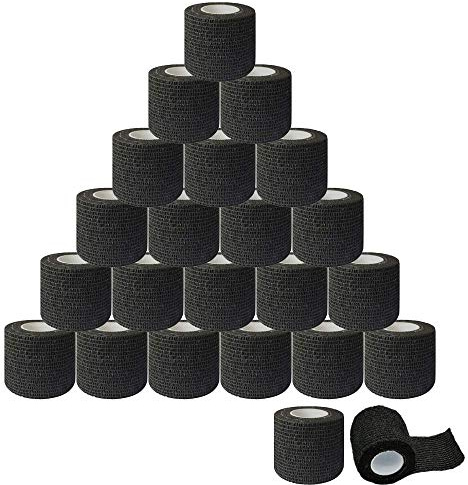 24pcs Tattoo Grip Cover Wrap, Unihubys 2 x 5 yardas desechable Cohesive Tattoo Grip Cinta de vendaje Negro Autoadhesivo Wrap, Cinta de vendaje elástico (24pcs)