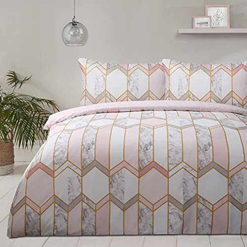 Sleepdown Geometric Metallic Marble Blush Pink Reversible Soft Cosy Easy Care Duvet Cover Quilt Bedding Set with Pillowcases - Blush Pink White, King (230cm x 220cm)