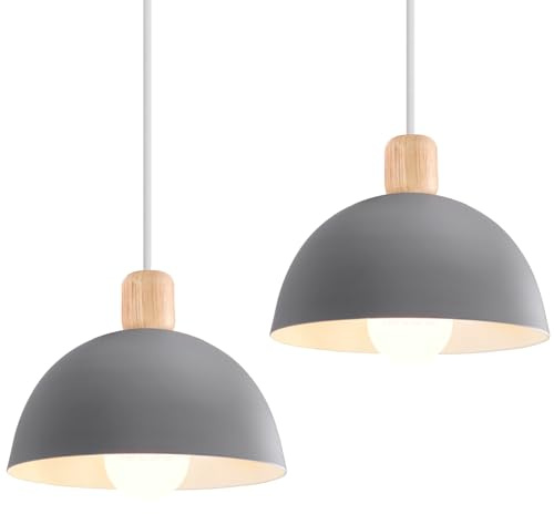 iDEGU 2 Stück Ø20cm Hängelampen Retro E27 LED Hängeleuchte Moderne Skandinavisch Deckenleuchte aus Metall Holz Pendelleuchte für Schlafzimmer Esszimmer Küche Restaurant (Grau, 2 Lampen)