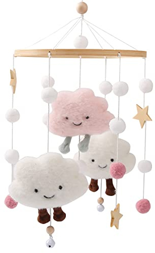 Promise Babe Mobile Baby Wind Chimes med filtbollar Moln Stjärnor Mobile Baby Room Trä virkade mobila baby pojke flicka säng klocka hänge för att hänga barnsäng spjälsäng skötbord dekoration rosa