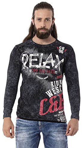 Cipo & Baxx Maglietta a maniche lunghe da uomo con stampa Batik girocollo CL518, Nero , M