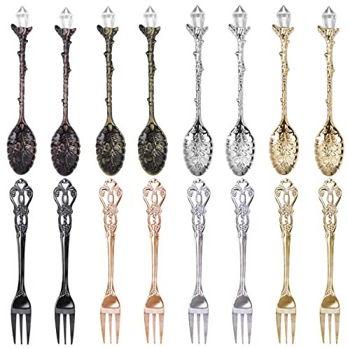 Chostky Retro Cucchiai di Caffè Antipasto Forchetta, Creativo Stoviglie Dessert Cucchiai per Caffè Frutta Dessert Mescolando Miscelando Gelato Torta Cucchiaio (8 Cucchiai + 8 Forchette)