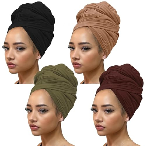 Kachanaa 4 Pieces Solid Color Stretch Knit Head Wrap Extra Long African Head Scarf Breathable Turbans for Black Women