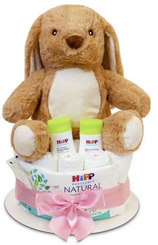 MilaBoo® Windeltorte rosa mit kuscheligen kleinen Hasen I hochwertiges Neugeborenen Geschenk mit Windeln und Produkten I persönliches Babygeschenk zur Geburt