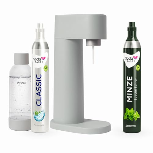 SodaTASTE Sparpaket: Mysoda Woody - Wassersprudler aus erneuerbarem Holzkomposit mit 1L BPA-freier Plastikflasche, CO2-Zylinder Classic + CO2-Zylinder Minze (Grau)