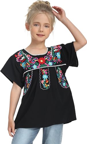 YZXDORWJ Mexican Blouse for Girls Traditional Embroidered Summer Short Sleeve Peasant Blouse for Kids (150, G69BK)