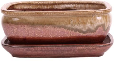 Bonsai - Schale eckig 21.5 x 17 x 8.5 cm, Kupfer/beige, mit Untersetzer 23200