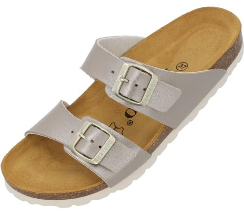 Palado Pantoletten Damen Samos - elegante Sandalen Made in Spain - bequeme Hausschuhe mit dämpfendem Kork-Fußbett - modische Sommerschuhe Metallic Beige UK6 - EU39