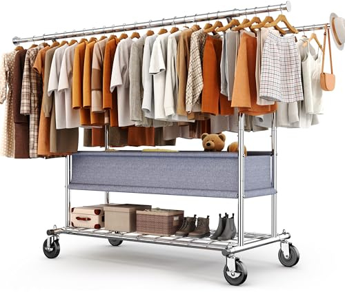 HOKEEPER Burro de Ropa Resistente de Doble Barra con Ruedas, 283kg, con Cesta de Tela y Estante, Extensible - Ideal para Dormitorio, Boutique