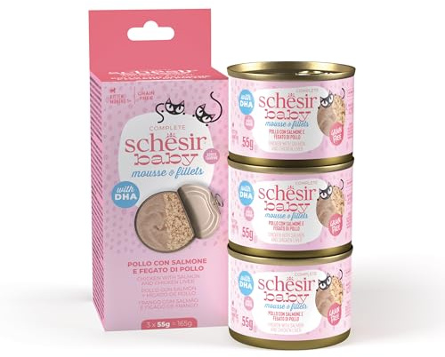 Schesir, Nourriture Humide complète pour Chatons Mousse et Filets de Poulet/Saumon (36 boîtes de 55 g)