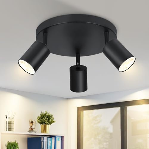 Homefire Plafonnier 3 Flammes Moderne GU10 Projecteur Rond Noir Lampe de Cuisine Couloir Spot de Plafond Intérieur Orientable Spot pour Chambre Cuisine Sans Ampoule