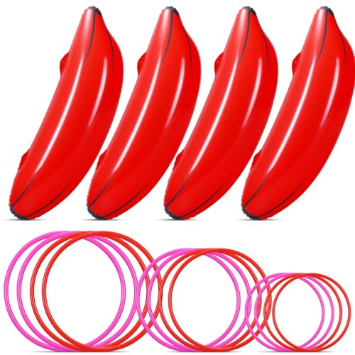 Leitee 16 Pcs Inflatable Banana Ring Toss Party Favor for Women Include 4 Pack Inflatable Banan with 12 Pcs Plastic Toss Rings Games Girls Niqht for Adults Swimming Pool Decorations(Red)