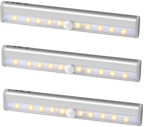 Jinlaili 2 Piezas Luz Armario, 10 LED Luz Nocturna con Sensor de Movimiento, Funciona con Pilas, Lámpara Nocturna con Tira Magnética Adhesiva, Luces de Noche para Pasillo (3PCS-Blanco cálido)