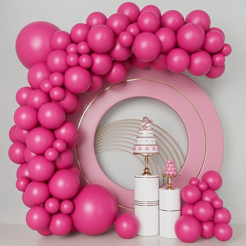 140pcs Hot Pink Balloons Garland Arch Kit 5/10/12/18 Different Size Matte Latex for Baby Shower Valentine's Day Birthday Anniversary Party Decorations