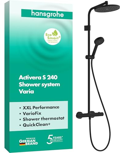 hansgrohe Activera S - vattenbesparande Duschsystem (EcoSmart+) med termostat, Regndusch (240 mm), Duschset med handdusch (2 stråltyper), duschslang, duschstång och huvuddusch, matt svart, 28083670