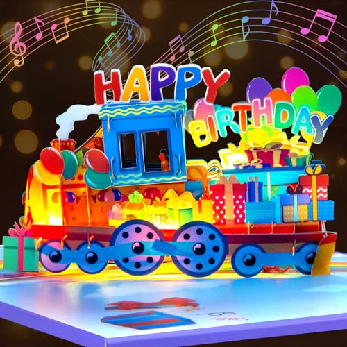 GREETING ART Carte d'anniversaire pop-up avec train - Avec musique et lumière - 3D musicale - Avec chanson Happy Birthday - Pour femmes, hommes et enfants