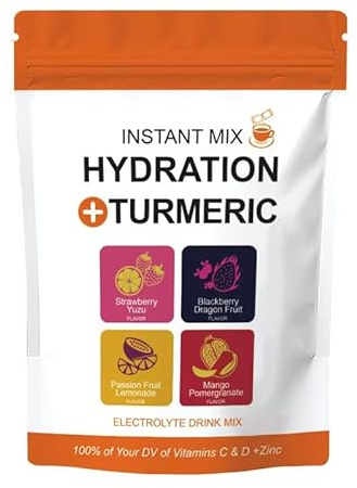 Mélange de boisson en poudre électrolyte avec vitamines C, D, zinc, curcuma et minéraux - Sans sucre, végétalien, sans gluten, faible en calories - 4 arômes: Fraise, Fruit du dragon, Mangue, Limonade