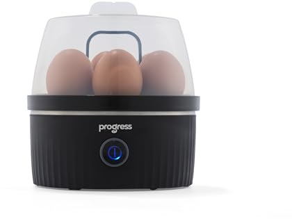 Progress Echo Egg Cooker – 7 Boiled Eggs & 2 Poached Eggs Capacity, 400W, Cook Soft/Hard-Boiled, Indicator Light, Compact Design, Includes Measuring Cup, Removable Egg Rack & Egg Poachers, Black