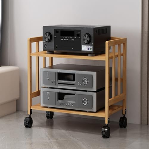Support De Stockage De Composants Audio Multicouche,Rack Audio en Bambou Réglable avec roulettes, Étagère Média 2 3 4 Niveaux avec Panneau Arrière, pour Chaîne HiFi(B,50CM/19.6IN,2-Layer)