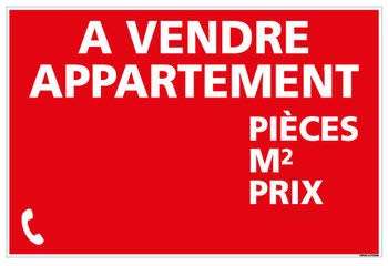 Panneau Immobilier Appartement à Vendre - Planche de Chiffre Fournie Oeillets 4 Coins - Rouge - Plastique Rigide AKILUX 3,5mm - 600x400 mm - Protection Anti-UV