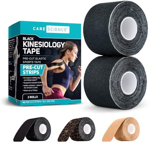 Care Science Waterproof Kinesiology Tape, 40 ct Precut Strips (2 Rolls), Black | Elastic Sports & Weightlifting Tape Supports Muscles & Joints. Water Resistant