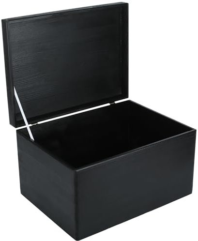Creative Deco XXL Large Black Plain Wooden Storage Box | 40x30x24 cm (+/-1 cm) | with Hinged Lid | Gift Box Kitchen Storage | ROUGH & UNSANDED Wood Keepsake Memory Craft Chest