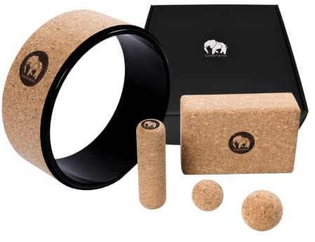 Contenance.® Faszien Yoga Kork Set | Für die Nerven, Muskeln & Gelenke | Massage & Yoga in einem Set | Für die Selbst-Massage | mit Tasche zum Mitnehmen | Rolle, Bälle, Rad & Block aus Naturkork