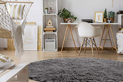 rugsx Flókati Alfombra de Lana Griega, para el salón, el Dormitorio, la habitación de los niños, Color Natural, Redondo Gris 120 cm