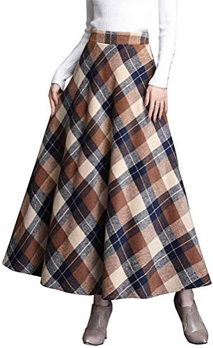 Minetom Femme Jupe Tartan Jupes Plaid Longue Vintage A-Ligne Haute Maxi Jupes À Carreaux avec Poches Swing Jupe Évasée Automne Hiver C Kaki L