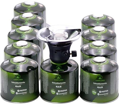 CAMPLORA Gaskocher mit 10 Gaskartuschen und Piezozündung für Schraubkartusche Camping oder backpacking klein, Campingkocher Mini, Gaskocher Camping 1 flammig, Outdoor Gasherd, gas stove, schraubbar