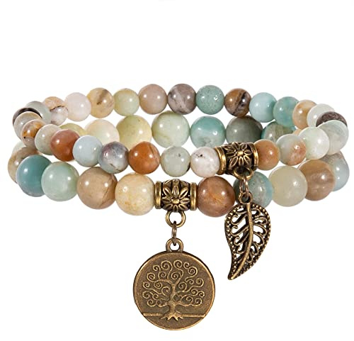 Farfume Chakra Pulseras para Mujer - Pulsera Cristales Mujer Piedras Naturales Yoga Reiki- Un Conjunto de Pulseras Dobles(Cuentas de Amazonita(Medio)