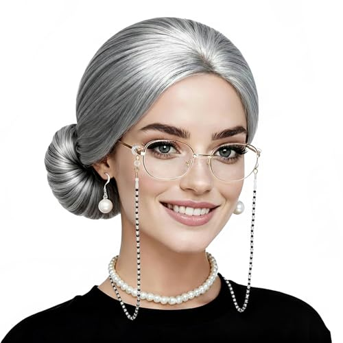 oeeo 8-teiliges Kostüm-Set für Großmütter, Perücke alte Dame, Grau, natürlich, Brille, Halskette, Kunstperle, Halloween, Karneval, Rollenspiele
