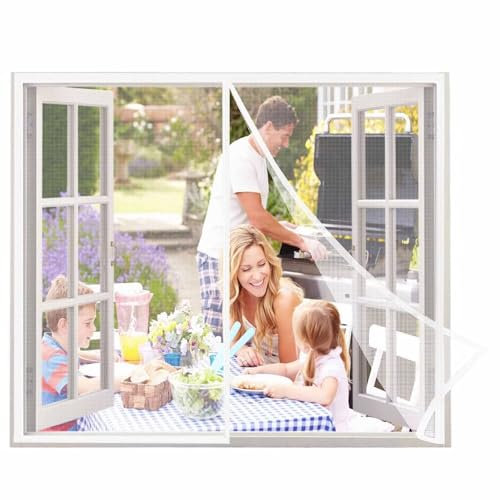 Fliegengitter Fenster InsektenschutzFenster Insektenschutzrollo SchiebeFenster, 60x110cm Weiß Netz mit Full Frame Klettverschluss & Eingenähten Gewichten, Bausatz