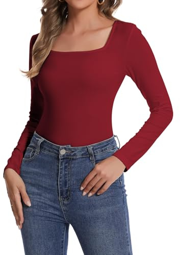 SHAPERIN Top Maniche Lunghe Donna Maglietta Casual con Scollo Quadrato Canottiera Maniche Lunghe Tinta Unita, Vino Rosso, M