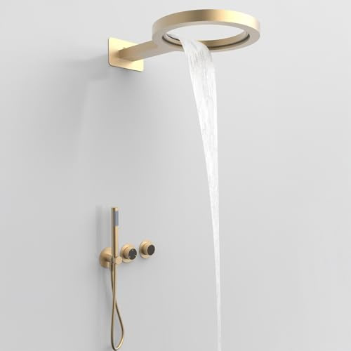 Sistema de Ducha Empotrado Columna de Ducha, Conjunto Ducha con Grifo Ducha Empotrado, Set Ducha en Pared con 36cm Forma de Anillo Alcachofa de Ducha y Teleducha (Oro)