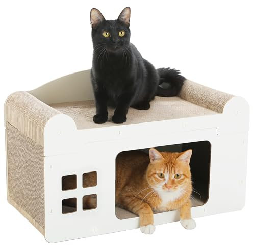 PAWZ Road Kratzbrett für Katzen, Katzenhöhle mit Kratzbrett, Katzenhaus Indoor aus Pappe, Kratzpappe für Katzen, Kratzpad Lounge, Langlebiges Katzenspielzeug 55 x 28 x 35 cm, Weiß